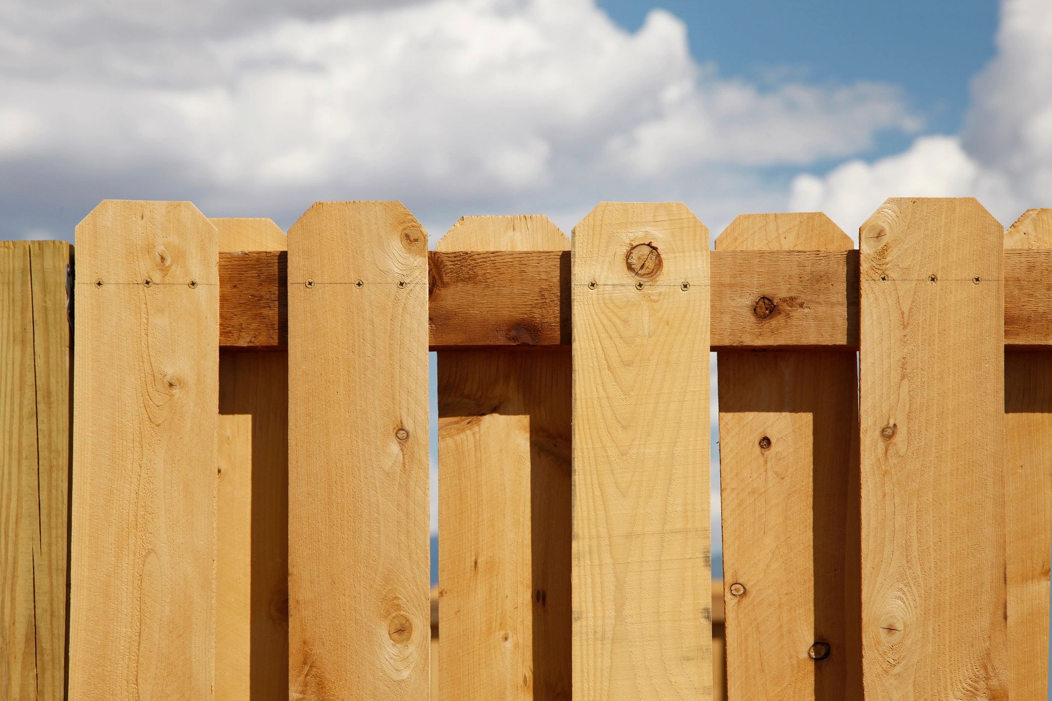 Cedar fence with capped posts against a blue sky