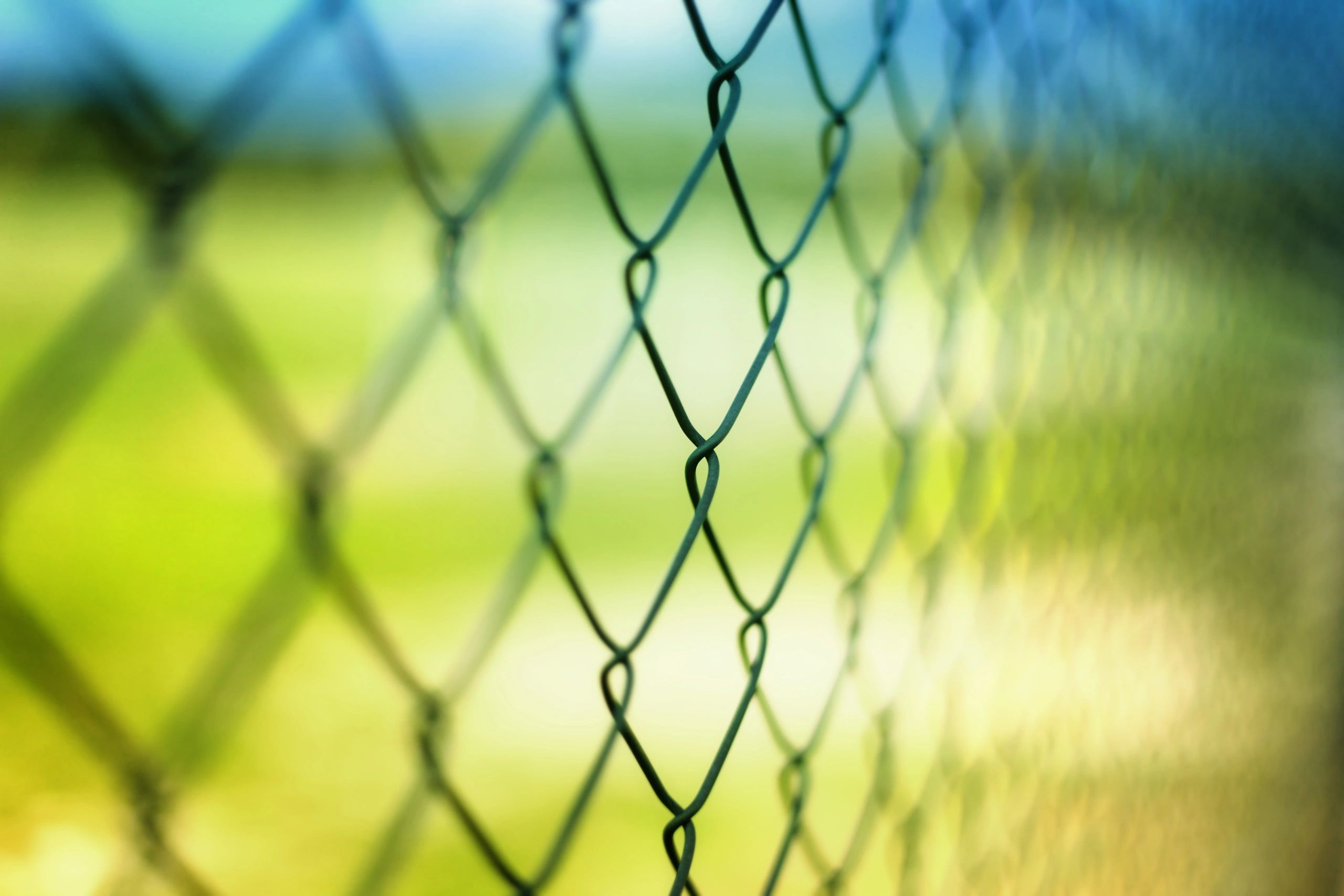 Close-up section of a chain-link fence with field behind it